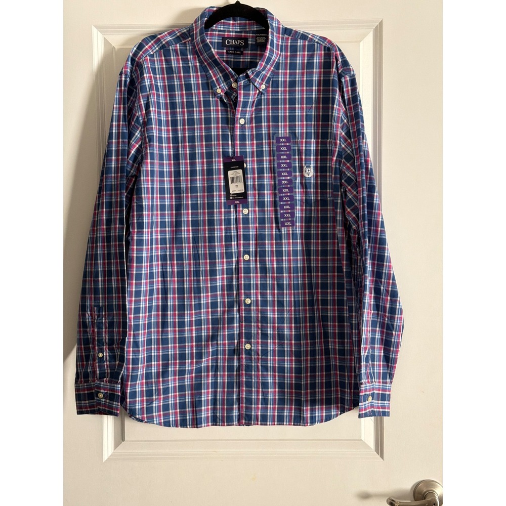 Chaps Blue Plaid Button Down Shirt Easy Care Long Sleeve XXL